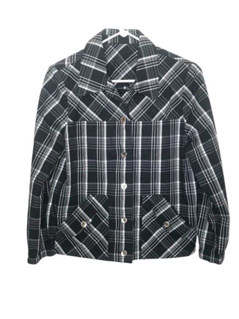 Black White Plaid Shacket Jacket w/ Shoulder Pads Y2K Grunge Button Up